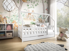 HOUSE SHAPE SOLID PINE BED LAYLA WHITE 168x86cmThe bed is made entirely of FSC-certified pine wood, covered with three layers of varnish safe for children. The timeless design will make the bed also a place to play! The removable safety barrier will prote