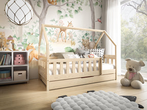 HOUSE SHAPE SOLID PINE BED LAYLA 168x86cm WITH DRAW AND MATTRESSThe bed is made entirely of FSC-certified pine wood, covered with three layers of varnish safe for children. The timeless design will make the bed also a place to play! The removable safety b
