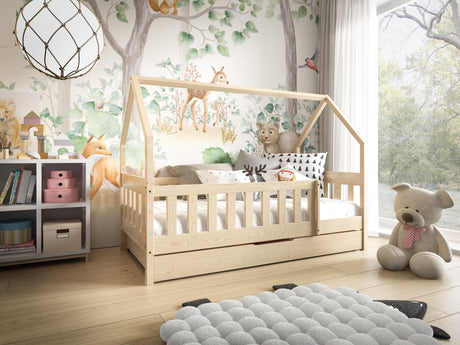 HOUSE SHAPE SOLID PINE BED LAYLA 168x86cm WITH DRAW AND MATTRESSThe bed is made entirely of FSC-certified pine wood, covered with three layers of varnish safe for children. The timeless design will make the bed also a place to play! The removable safety b