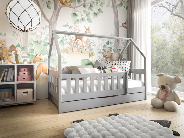 HOUSE SHAPE SOLID PINE BED LAYLA GREY 168x86cm WITH DRAW AND MATTRESSThe bed is made entirely of FSC-certified pine wood, covered with three layers of varnish safe for children. The timeless design will make the bed also a place to play! The removable saf