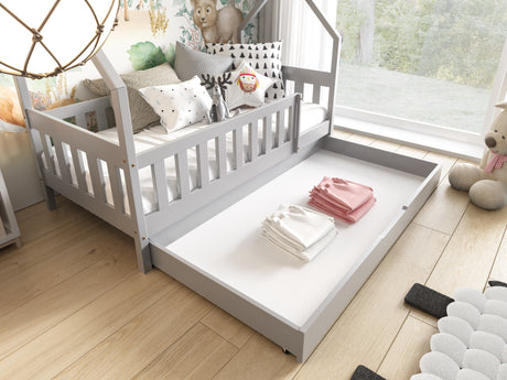 HOUSE SHAPE SOLID PINE BED LAYLA GREY 168x86cm WITH DRAW AND MATTRESSThe bed is made entirely of FSC-certified pine wood, covered with three layers of varnish safe for children. The timeless design will make the bed also a place to play! The removable saf