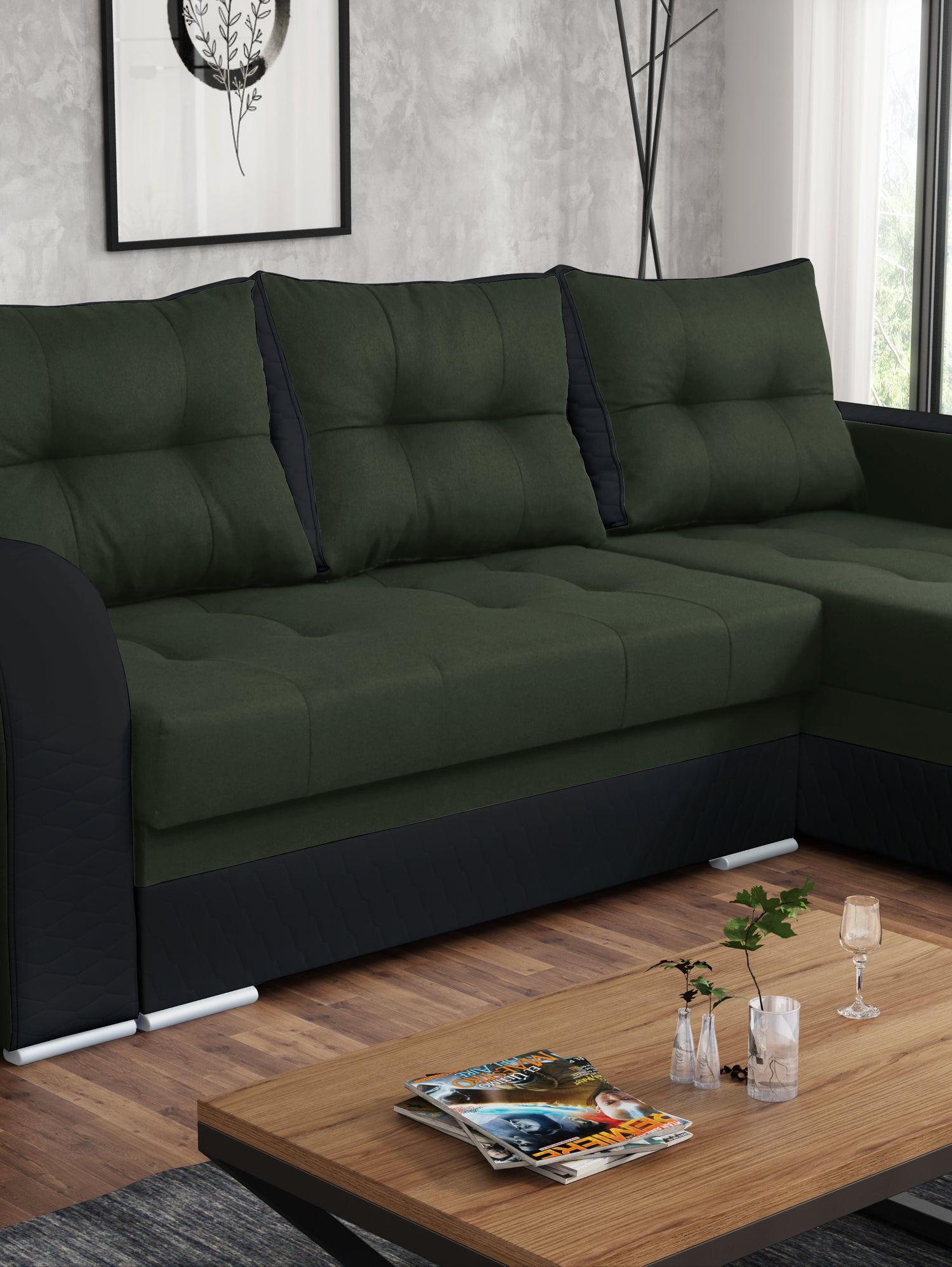 CORNER SOFA BED SAM GREEN MALMO 37 / BLACK 236CM 2X STORAGE SPACE universal RIGHT/LEFT CORNER / BONELL SPRINGS + FOAMTHIS MODEL IS UNIVERSAL WHICH MEANS YOU CAN CHOOSE CORNER SIDE DURING ASSEMBLY3x PILLOWS INCLUDED2X STORAGE SPACE BONELL SPRINGS + FOAM -