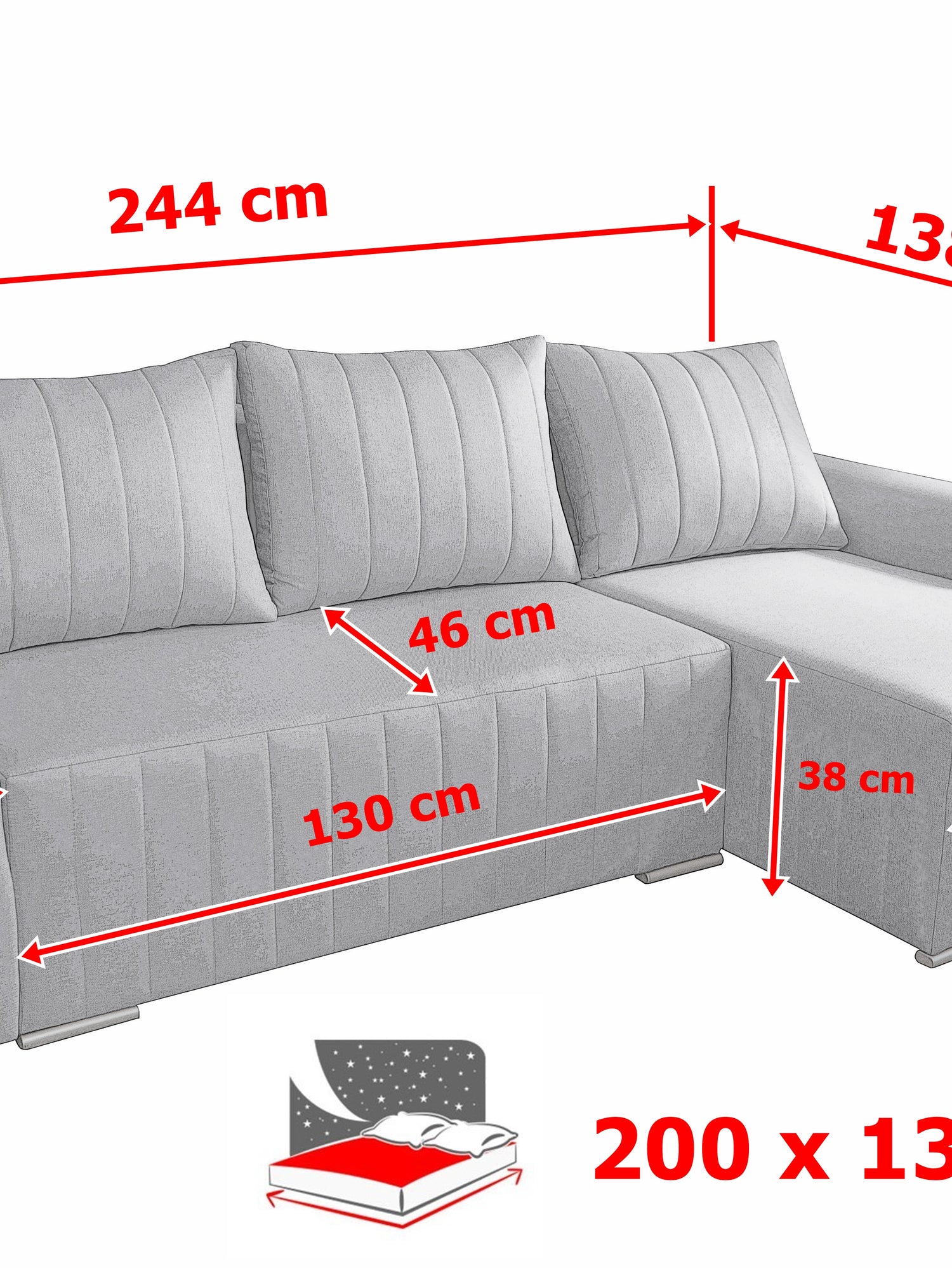 CORNER SOFA BED MALIBU 248CM UNIVERSAL CHOICE OF COLORS UNIVERSAL RIGHT/LEFT CORNER / FOAMTHIS MODEL IS UNIVERSAL WHICH MEANS YOU CAN CHOOSE CORNER SIDE DURING ASSEMBLYMADE IN MALMO FABRIC CLICK HERE3x PILLOWS INCLUDED1X STORAGE SPACEDIMENTIONS:Corner wid