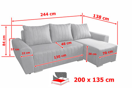 CORNER SOFA BED MALIBU 248CM UNIVERSAL CHOICE OF COLORS UNIVERSAL RIGHT/LEFT CORNER / FOAMTHIS MODEL IS UNIVERSAL WHICH MEANS YOU CAN CHOOSE CORNER SIDE DURING ASSEMBLYMADE IN MALMO FABRIC CLICK HERE3x PILLOWS INCLUDED1X STORAGE SPACEDIMENTIONS:Corner wid