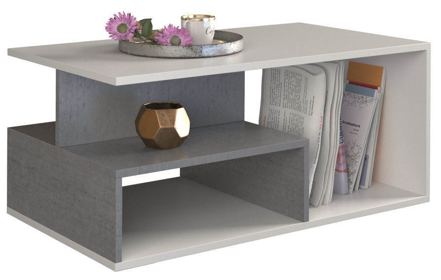 COFFEE TABLE PRIMA WHITE / GREY 90X51CMDIMENSIONS: Width: 90 cm-Depth: 51 cmHeight: 43 cm Usage: The surface of the furniture should be cleaned with a soft cloth. Avoid using harsh chemicals. In the package: Assembly instructions with all necessary assemb