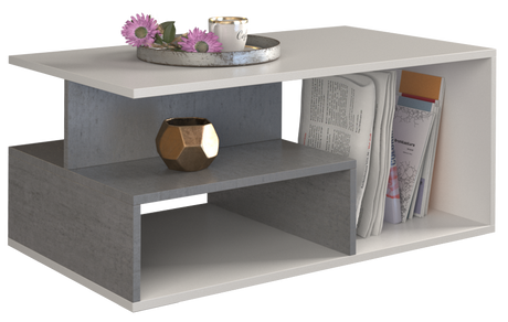 COFFEE TABLE PRIMA WHITE / GREY 90X51CMDIMENSIONS: Width: 90 cm-Depth: 51 cmHeight: 43 cm Usage: The surface of the furniture should be cleaned with a soft cloth. Avoid using harsh chemicals. In the package: Assembly instructions with all necessary assemb