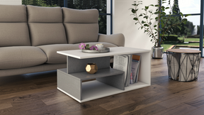 COFFEE TABLE PRIMA WHITE / GREY 90X51CMDIMENSIONS: Width: 90 cm-Depth: 51 cmHeight: 43 cm Usage: The surface of the furniture should be cleaned with a soft cloth. Avoid using harsh chemicals. In the package: Assembly instructions with all necessary assemb