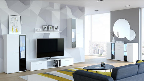 TV WALL UNIT SAMBA SET WITH SIDEBOARD WHITEFlat packed for self-assembly with a clear and easy instructions. Modern design makes it suitable for any interior.CUPBOARD: Dimensions: width 140 cm height 80 cm depth. 40 cm EXTRAS FOR BOTH WALL UNIT AND SIDEBO
