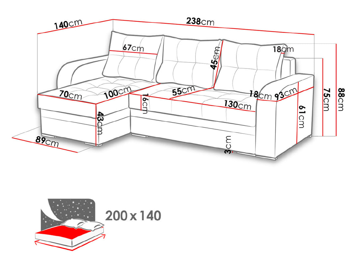 CORNER SOFA BED SAM TWIST 19 / 20 236CM 2X STORAGE SPACE universal RIGHT/LEFT CORNER / BONELL SPRINGS + FOAMTHIS MODEL IS UNIVERSAL WHICH MEANS YOU CAN CHOOSE CORNER SIDE DURING ASSEMBLY3x PILLOWS INCLUDED2X STORAGE SPACE BONELL SPRINGS + FOAM - length: 2