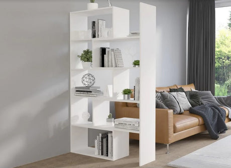 TALL 188CM BOOKCASE WHITE ADJUSTABLE WIDTH 72-125CMDimensions: width: 725 UP TO 1250 mm, height: 1880 mm, depth: 330 mmMADE OF:- 22 mm laminated board in white- ABS edging 0.4 mmAnna Furniture