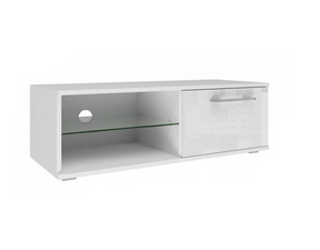 TV STAND SANDY 100CM WHITE/WHITE GLOSSMATERIAL:Fronts - 17 mm thick MDF board, varnished to a high gloss.Body - 16mm thick laminated chipboard.DIMENSIONS:Depth: 40 cmWidth: 100 cmHeight: 36 cmThe highest quality varnish used for the finish is resistant to