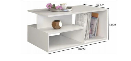 COFFEE TABLE PRIMA WHITE 90X51CMDIMENSIONS: Width: 90 cm-Depth: 51 cmHeight: 43 cm Usage: The surface of the furniture should be cleaned with a soft cloth. Avoid using harsh chemicals. In the package: Assembly instructions with all necessary assembly acce