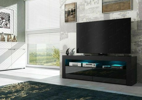 TV STAND DACO 2 BLACK GLOSS FRONTS 140CMDepth: 40 cmWidth: 140 cmHeight: 45 cmMinimalist designThe cabinet has 2 functional and roomy storage compartments.The furniture has high gloss lacquered fronts and the body of the furniture is matt.A modern RTV tab