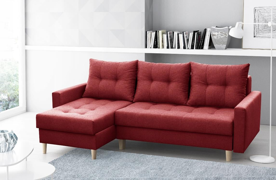 CORNER SOFA BED BRIAN 222x140CM 2X STORAGE SPACE Universal CORNER RIGHT/LEFT / BONELL SPINGS + FOAMTHIS MODEL IS UNIVERSAL WHICH MEANS YOU CAN CHOOSE CORNER SIDE DURING ASSEMBLYMADE IN MALMO FABRIC CLICK HERE3x PILLOWS INCLUDED2X STORAGE SPACEWOODEN LEGSP