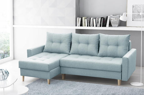 CORNER SOFA BED BRIAN 222x140CM 2X STORAGE SPACE Universal CORNER RIGHT/LEFT / BONELL SPINGS + FOAMTHIS MODEL IS UNIVERSAL WHICH MEANS YOU CAN CHOOSE CORNER SIDE DURING ASSEMBLYMADE IN MALMO FABRIC CLICK HERE3x PILLOWS INCLUDED2X STORAGE SPACEWOODEN LEGSP
