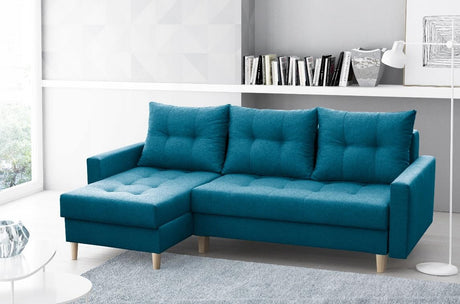 CORNER SOFA BED BRIAN 222x140CM 2X STORAGE SPACE Universal CORNER RIGHT/LEFT / BONELL SPINGS + FOAMTHIS MODEL IS UNIVERSAL WHICH MEANS YOU CAN CHOOSE CORNER SIDE DURING ASSEMBLYMADE IN MALMO FABRIC CLICK HERE3x PILLOWS INCLUDED2X STORAGE SPACEWOODEN LEGSP