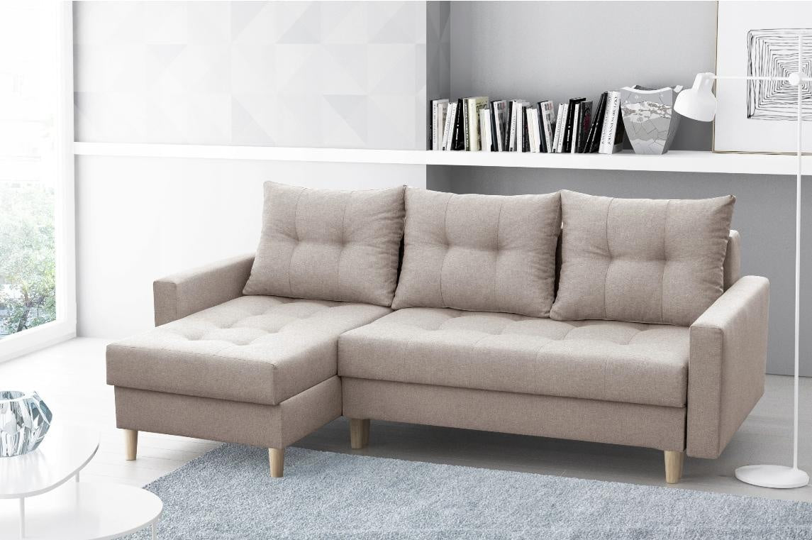 CORNER SOFA BED BRIAN 222x140CM 2X STORAGE SPACE Universal CORNER RIGHT/LEFT / BONELL SPINGS + FOAMTHIS MODEL IS UNIVERSAL WHICH MEANS YOU CAN CHOOSE CORNER SIDE DURING ASSEMBLYMADE IN MALMO FABRIC CLICK HERE3x PILLOWS INCLUDED2X STORAGE SPACEWOODEN LEGSP