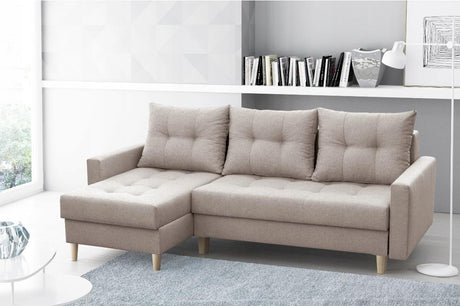 CORNER SOFA BED BRIAN 222x140CM 2X STORAGE SPACE Universal CORNER RIGHT/LEFT / BONELL SPINGS + FOAMTHIS MODEL IS UNIVERSAL WHICH MEANS YOU CAN CHOOSE CORNER SIDE DURING ASSEMBLYMADE IN MALMO FABRIC CLICK HERE3x PILLOWS INCLUDED2X STORAGE SPACEWOODEN LEGSP