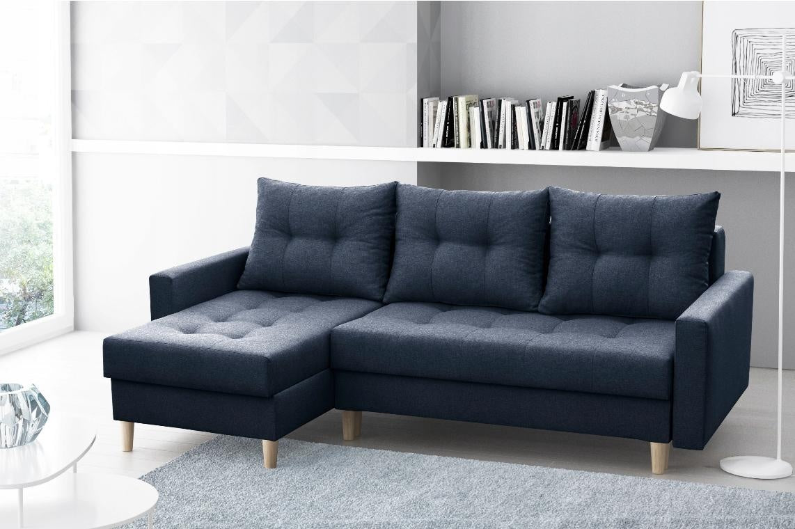 CORNER SOFA BED BRIAN 222x140CM 2X STORAGE SPACE Universal CORNER RIGHT/LEFT / BONELL SPINGS + FOAMTHIS MODEL IS UNIVERSAL WHICH MEANS YOU CAN CHOOSE CORNER SIDE DURING ASSEMBLYMADE IN MALMO FABRIC CLICK HERE3x PILLOWS INCLUDED2X STORAGE SPACEWOODEN LEGSP