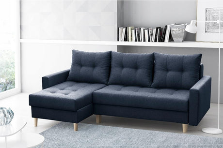 CORNER SOFA BED BRIAN 222x140CM 2X STORAGE SPACE Universal CORNER RIGHT/LEFT / BONELL SPINGS + FOAMTHIS MODEL IS UNIVERSAL WHICH MEANS YOU CAN CHOOSE CORNER SIDE DURING ASSEMBLYMADE IN MALMO FABRIC CLICK HERE3x PILLOWS INCLUDED2X STORAGE SPACEWOODEN LEGSP