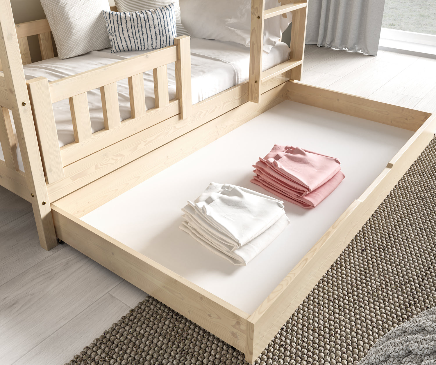 HOUSE SHAPE SOLID PINE BUNK BED BELLA WHITE 168x86cm WITH DRAW AND MATTRESSThe bed is made entirely of FSC-certified pine wood, covered with three layers of varnish safe for children. Removable safety barrier will protect the smallest children from fallin