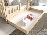 HOUSE SHAPE SOLID PINE BUNK BED BELLA GREY 168x86cm WITH DRAW AND MATTRESSThe bed is made entirely of FSC-certified pine wood, covered with three layers of varnish safe for children. Removable safety barrier will protect the smallest children from falling