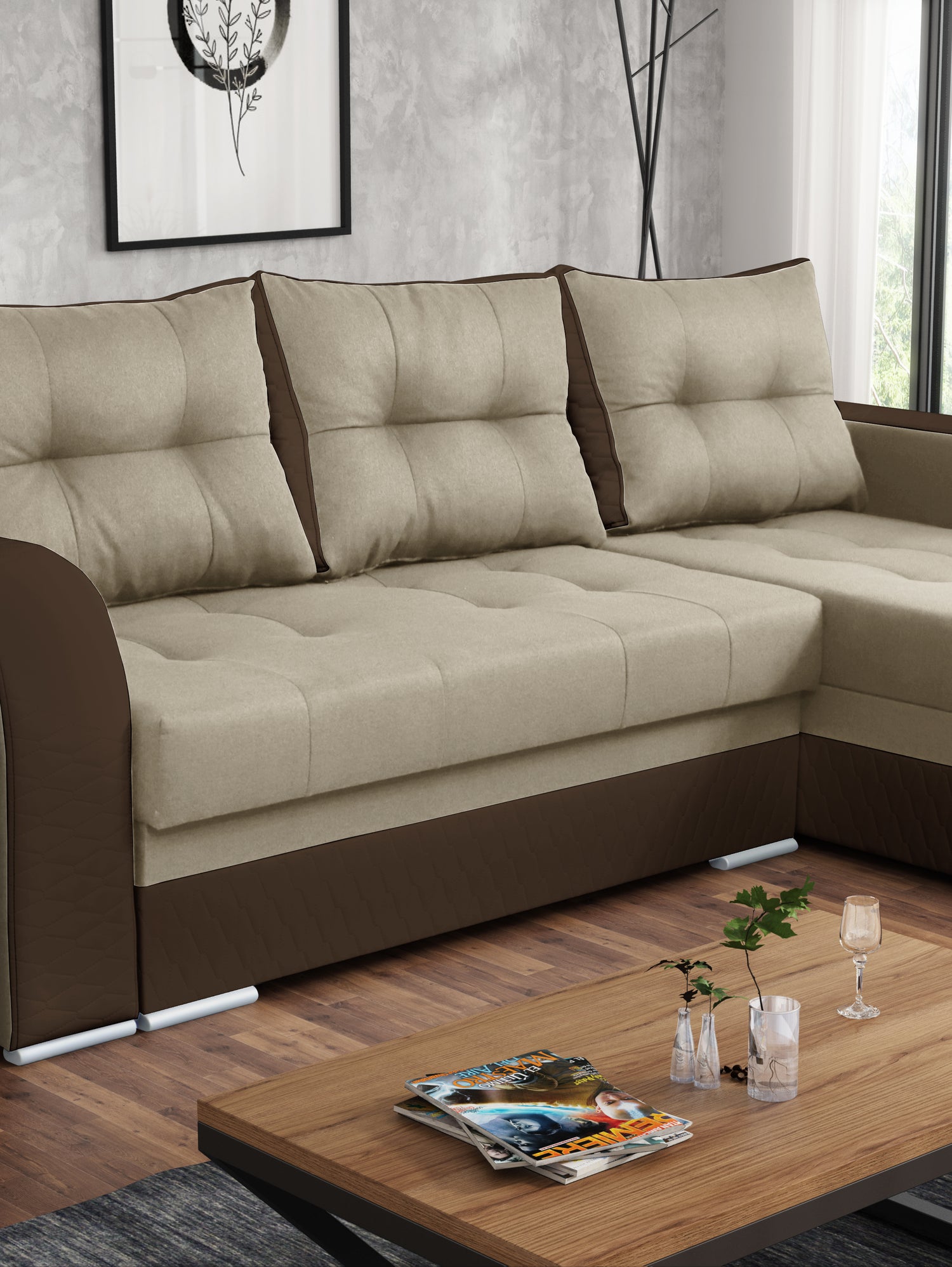 CORNER SOFA BED SAM TWIST 2 / 1116 BROWN 236CM 2X STORAGE SPACE universal RIGHT/LEFT CORNER / BONELL SPRINGS + FOAMTHIS MODEL IS UNIVERSAL WHICH MEANS YOU CAN CHOOSE CORNER SIDE DURING ASSEMBLY 3x PILLOWS INCLUDED2X STORAGE SPACE BONELL SPRINGS + FOAM - l