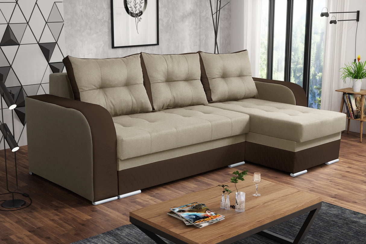 CORNER SOFA BED SAM TWIST 2 / 1116 BROWN 236CM 2X STORAGE SPACE universal RIGHT/LEFT CORNER / BONELL SPRINGS + FOAMTHIS MODEL IS UNIVERSAL WHICH MEANS YOU CAN CHOOSE CORNER SIDE DURING ASSEMBLY 3x PILLOWS INCLUDED2X STORAGE SPACE BONELL SPRINGS + FOAM - l