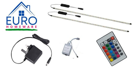 RGB LED STRIP 2x 45CM FOR CABINETS (16 COLORS REMOTE CONTROL LED LIGHTS)Technical parameters: number of strips in the set - 2x45cm LEDs used - SMD 5050 RGB strip length - 45cm clip housing - transparent voltage - 12V Application: lighting for glass shelve