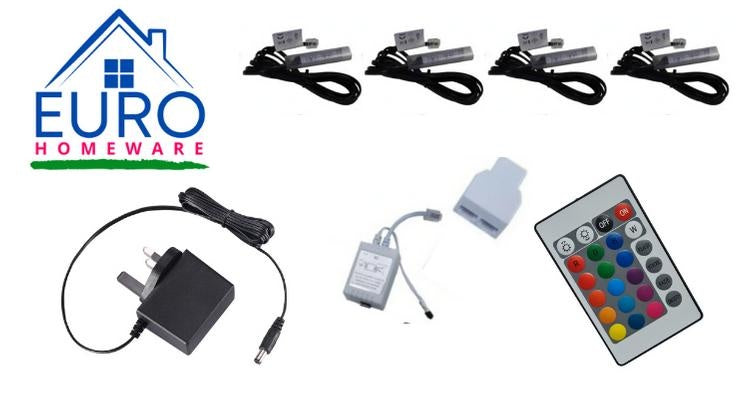 4x RGB LED clips for glass shelves (16 colors remote control LED lights)Technical parameters: number of clips in the set - 4 number of LEDs in each clip - 3 LEDs used - SMD 5050 RGB clip length - 7cm clip housing - transparent cable length from the clip t