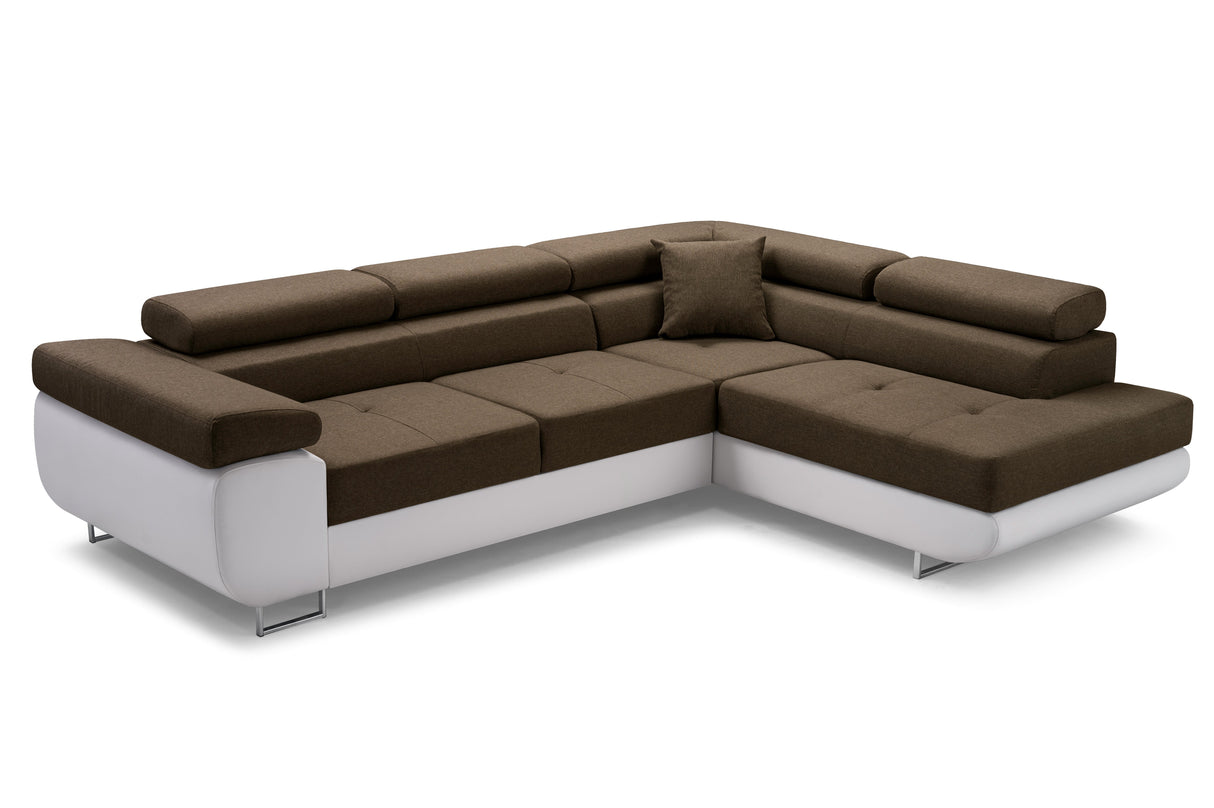 CORNER SOFA BED ASH 273CM BROWN/WHITE FAUX LEATHER / SPRINGS + FOAMWavy springs + foam CHOICE OF COLOR Large sleeping areaSEAT AND CUSHIONS MADE IN LUX FABRIC CLICK HERE BOTTOM AND SIDES MADE OF FAUX LEATHER SOFT CLICK HERE Dimensions W: 273cm D:203cm H: