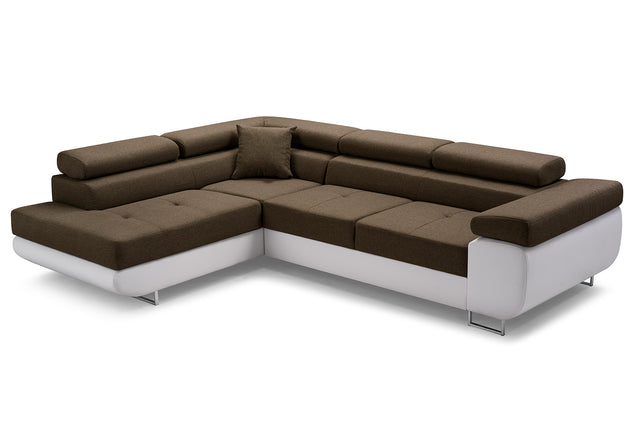 CORNER SOFA BED ASH 273CM BROWN/WHITE FAUX LEATHER / SPRINGS + FOAMWavy springs + foam CHOICE OF COLOR Large sleeping areaSEAT AND CUSHIONS MADE IN LUX FABRIC CLICK HERE BOTTOM AND SIDES MADE OF FAUX LEATHER SOFT CLICK HERE Dimensions W: 273cm D:203cm H: