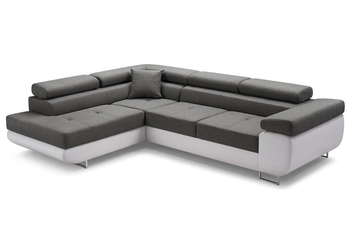 CORNER SOFA BED ASH 273CM GREY/WHITE / SPRINGS + FOAMWavy springs + foam CHOICE OF COLOR Large sleeping areaSEAT AND CUSHIONS MADE IN LUX FABRIC CLICK HERE BOTTOM AND SIDES MADE OF FAUX LEATHER SOFT CLICK HERE Dimensions W: 273cm D:203cm H: 90cm Sleeping
