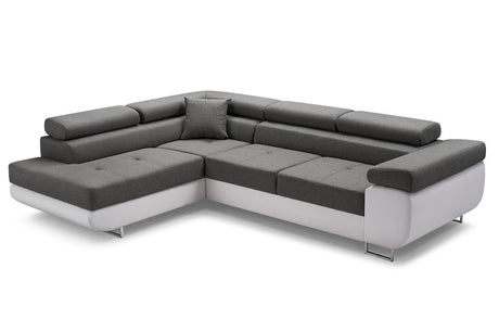 CORNER SOFA BED ASH 273CM GREY/WHITE / SPRINGS + FOAMWavy springs + foam CHOICE OF COLOR Large sleeping areaSEAT AND CUSHIONS MADE IN LUX FABRIC CLICK HERE BOTTOM AND SIDES MADE OF FAUX LEATHER SOFT CLICK HERE Dimensions W: 273cm D:203cm H: 90cm Sleeping