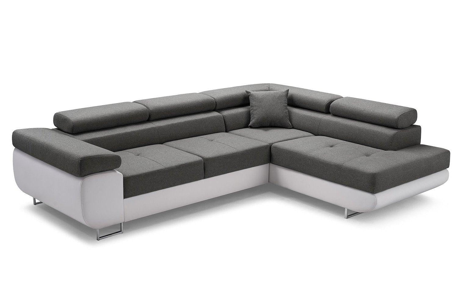 CORNER SOFA BED ASH 273CM GREY/WHITE / SPRINGS + FOAMWavy springs + foam CHOICE OF COLOR Large sleeping areaSEAT AND CUSHIONS MADE IN LUX FABRIC CLICK HERE BOTTOM AND SIDES MADE OF FAUX LEATHER SOFT CLICK HERE Dimensions W: 273cm D:203cm H: 90cm Sleeping