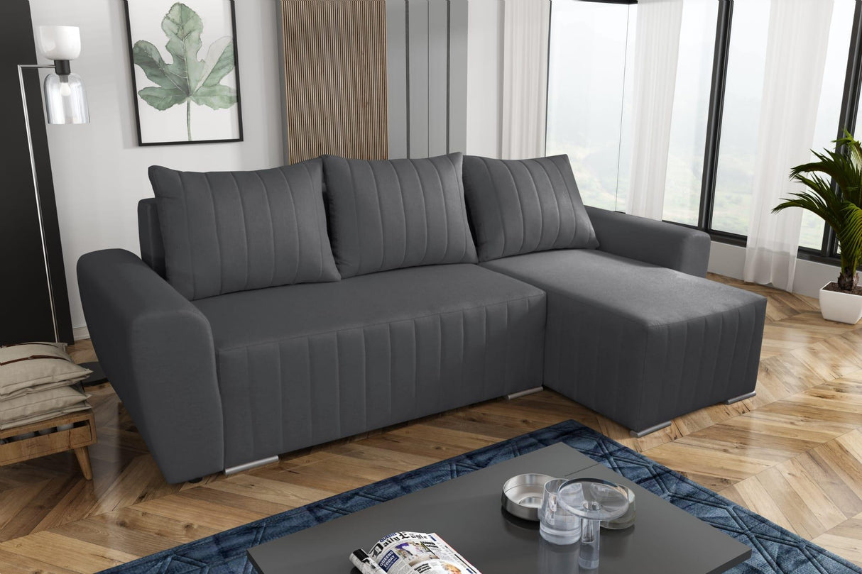 CORNER SOFA BED MALIBU 248CM UNIVERSAL CHOICE OF COLORS UNIVERSAL RIGHT/LEFT CORNER / FOAMTHIS MODEL IS UNIVERSAL WHICH MEANS YOU CAN CHOOSE CORNER SIDE DURING ASSEMBLYMADE IN MALMO FABRIC CLICK HERE3x PILLOWS INCLUDED1X STORAGE SPACEDIMENTIONS:Corner wid