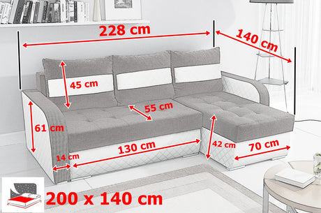 CORNER SOFA BED NESTY INARI 91/W39 228CM 2X STORAGE SPACE UNIVERSAL CORNER / BONELL SPRINGS + FOAMTHIS MODEL IS UNIVERSAL WHICH MEANS YOU CAN CHOOSE CORNER SIDE DURING ASSEMBLY2x storage space3x pillows includedFabric Inari + Faux leatherBonell springs +