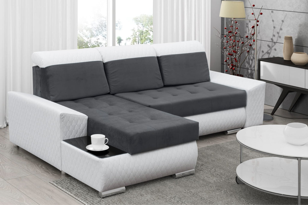 CORNER SOFA BED LONDON 2315/W53 252CM 2X STORAGE SPACE STAIN RESISTANT EASY CLEAN FABRIC / BONELL SPRINGS + FOAM252X167CMSLEEPING AREA 200X140CMFABRIC:CASABLANCA + FAUX LEATHERFEATURES:2X STORAGE CONTAINERSGLASS SHELFSTAIN RESISTANT FABRICBONELL SPRINGS +