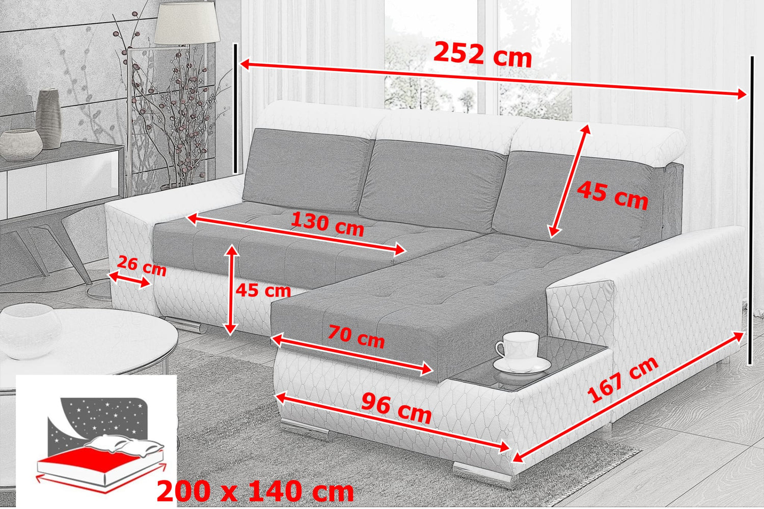 CORNER SOFA BED LONDON 2315/W53 252CM 2X STORAGE SPACE STAIN RESISTANT EASY CLEAN FABRIC / BONELL SPRINGS + FOAM252X167CMSLEEPING AREA 200X140CMFABRIC:CASABLANCA + FAUX LEATHERFEATURES:2X STORAGE CONTAINERSGLASS SHELFSTAIN RESISTANT FABRICBONELL SPRINGS +
