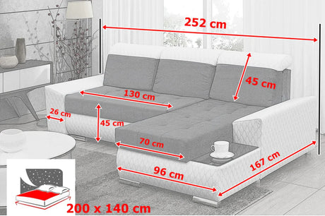 CORNER SOFA BED LONDON 2309/20/60 252CM 2X STORAGE SPACE STAIN RESISTANT EASY CLEAN FABRIC / BONELL SPRINGS + FOAM252X167CMSLEEPING AREA 200X140CMFABRIC:CASABLANCA + FAUX LEATHERFEATURES:2X STORAGE CONTAINERSGLASS SHELFSTAIN RESISTANT FABRICBONELL SPRINGS