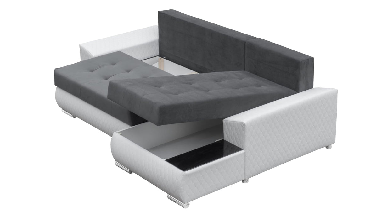 CORNER SOFA BED LONDON 2316/1132 252CM 2X STORAGE SPACE STAIN RESISTANT EASY CLEAN FABRIC / BONELL SPRINGS + FOAM252X167CMSLEEPING AREA 200X140CMFABRIC:CASABLANCA + FAUX LEATHERFEATURES:2X STORAGE CONTAINERSGLASS SHELFSTAIN RESISTANT FABRICBONELL SPRINGS
