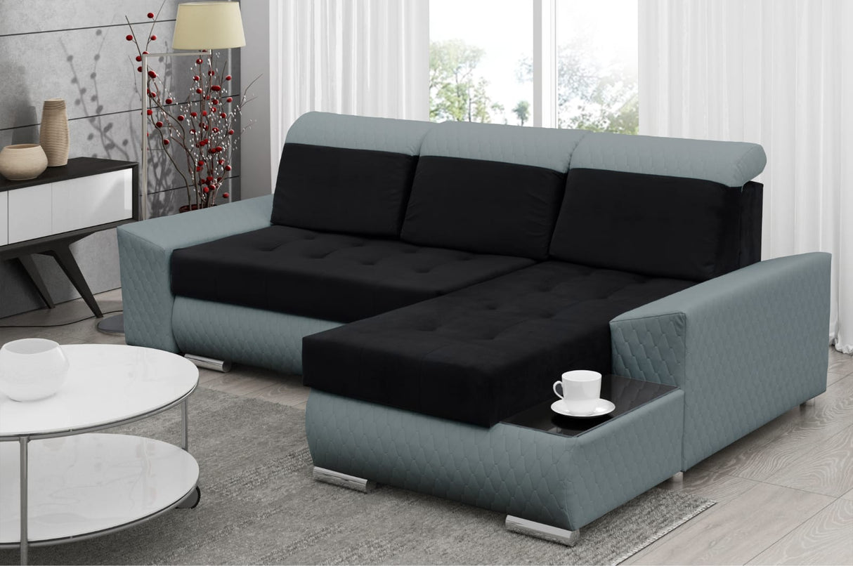 CORNER SOFA BED LONDON 2316/1132 252CM 2X STORAGE SPACE STAIN RESISTANT EASY CLEAN FABRIC / BONELL SPRINGS + FOAM252X167CMSLEEPING AREA 200X140CMFABRIC:CASABLANCA + FAUX LEATHERFEATURES:2X STORAGE CONTAINERSGLASS SHELFSTAIN RESISTANT FABRICBONELL SPRINGS