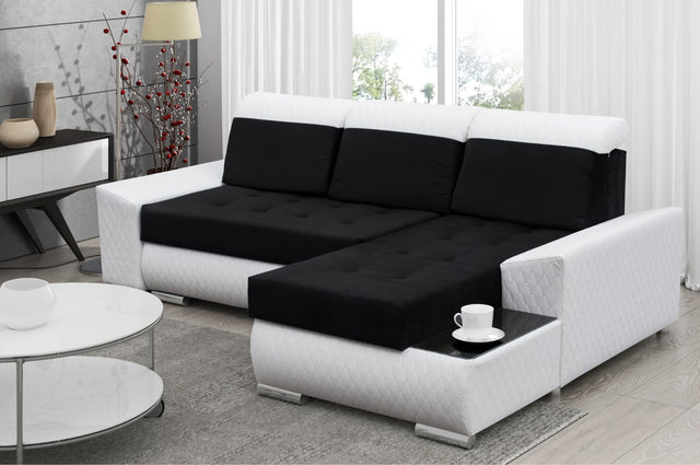 CORNER SOFA BED LONDON 2316/1115/60 252CM 2X STORAGE SPACE STAIN RESISTANT EASY CLEAN FABRIC / BONELL SPRINGS + FOAM252X167CMSLEEPING AREA 200X140CMFABRIC:CASABLANCA + FAUX LEATHERFEATURES:2X STORAGE CONTAINERSGLASS SHELFSTAIN RESISTANT FABRICBONELL SPRIN