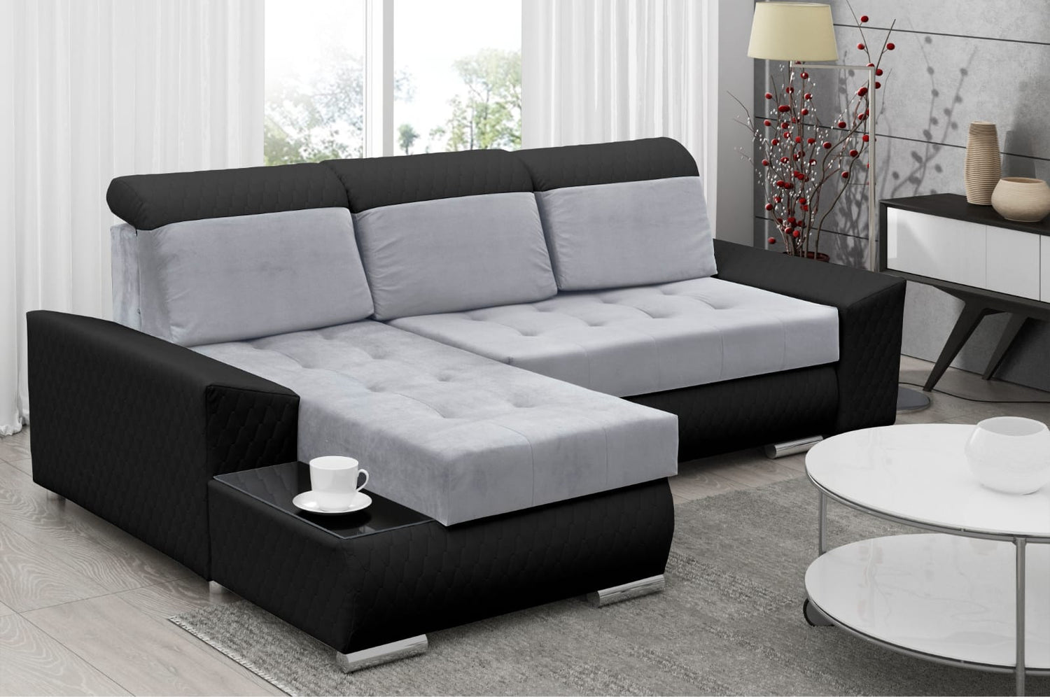 CORNER SOFA BED LONDON 2314/1114/60 252CM 2X STORAGE SPACE STAIN RESISTANT EASY CLEAN FABRIC / BONELL SPRINGS + FOAM252X167CMSLEEPING AREA 200X140CMFABRIC:CASABLANCA + FAUX LEATHERFEATURES:2X STORAGE CONTAINERSGLASS SHELFSTAIN RESISTANT FABRICBONELL SPRIN