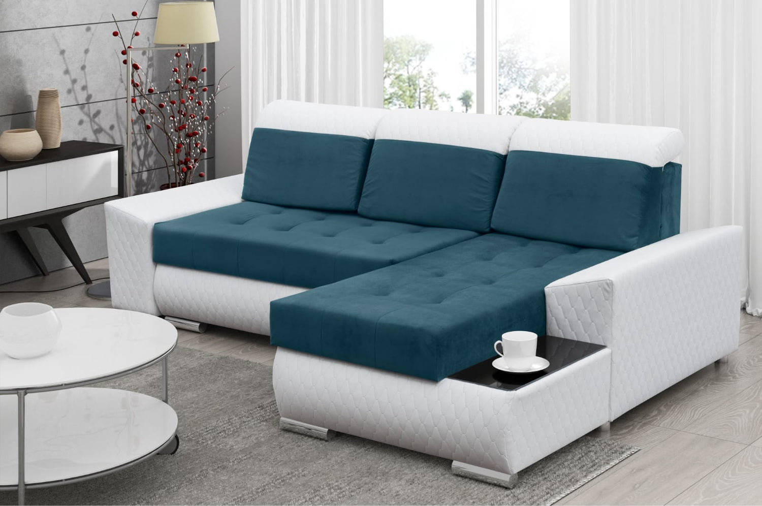 CORNER SOFA BED LONDON 2313/1115/60 252CM 2X STORAGE SPACE STAIN RESISTANT EASY CLEAN FABRIC / BONELL SPRINGS + FOAM252X167CMSLEEPING AREA 200X140CMFABRIC:CASABLANCA + FAUX LEATHERFEATURES:2X STORAGE CONTAINERSGLASS SHELFSTAIN RESISTANT FABRICBONELL SPRIN