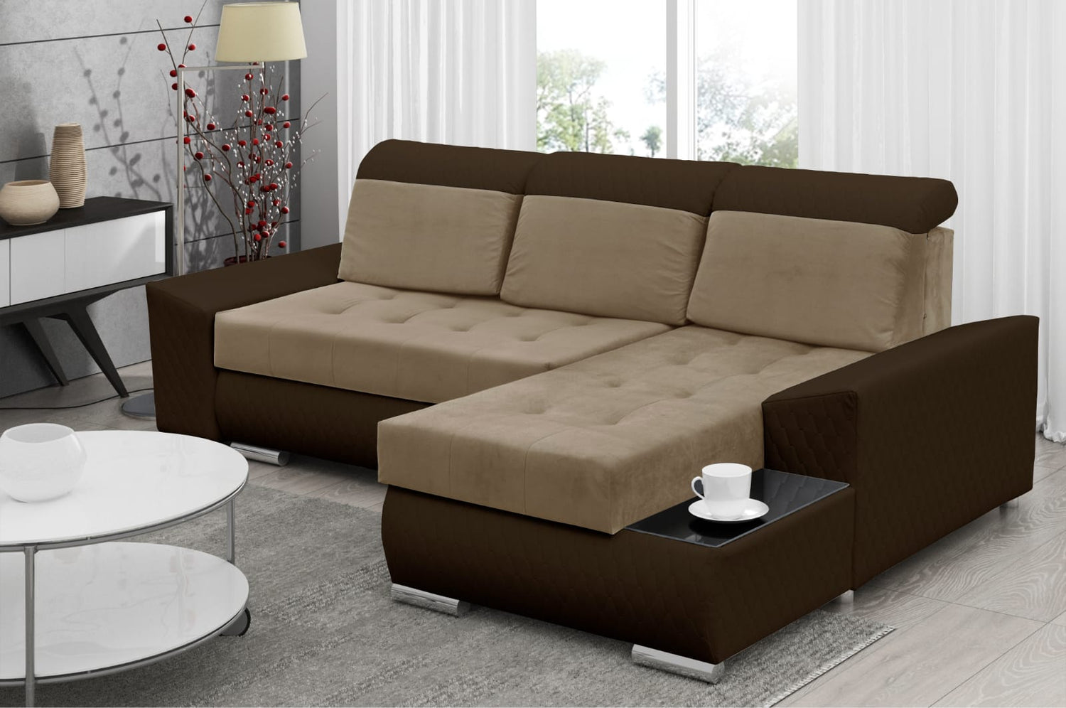 CORNER SOFA BED LONDON 2303/1116/60 252CM 2X STORAGE SPACE STAIN RESISTANT EASY CLEAN FABRIC / BONELL SPRINGS + FOAM252X167CMSLEEPING AREA 200X140CMFABRIC:CASABLANCA + FAUX LEATHERFEATURES:2X STORAGE CONTAINERSGLASS SHELFSTAIN RESISTANT FABRICBONELL SPRIN