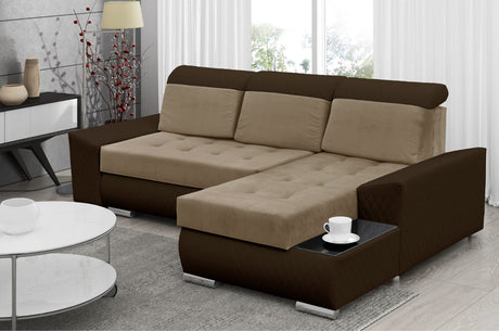 CORNER SOFA BED LONDON 2303/1116/60 252CM 2X STORAGE SPACE STAIN RESISTANT EASY CLEAN FABRIC / BONELL SPRINGS + FOAM252X167CMSLEEPING AREA 200X140CMFABRIC:CASABLANCA + FAUX LEATHERFEATURES:2X STORAGE CONTAINERSGLASS SHELFSTAIN RESISTANT FABRICBONELL SPRIN