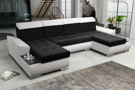 CORNER SOFA BED LONDON U SHAPE 2316/1115/60 322CM 3X STORAGE SPACE STAIN RESISTANT EASY CLEAN FABRIC / BONELL SPRINGS + FOAMFABRIC:CASABLANCA + FAUX LEATHERFEATURES:3X STORAGE CONTAINERS2XGLASS SHELFSTAIN RESISTANT FABRICBONELL SPRINGS + FOAMCASABLANCAIs