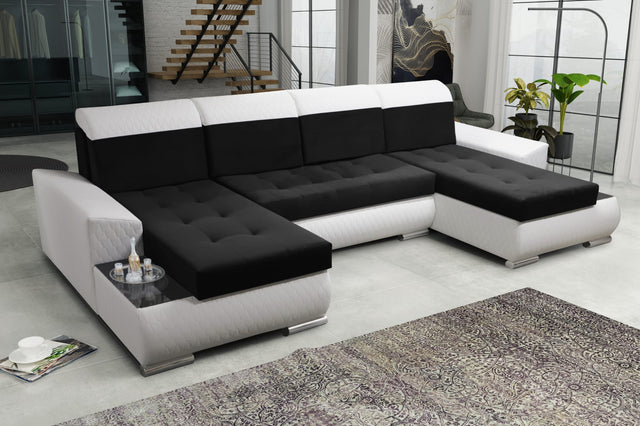 CORNER SOFA BED LONDON U SHAPE 2316/1115/60 322CM 3X STORAGE SPACE STAIN RESISTANT EASY CLEAN FABRIC / BONELL SPRINGS + FOAMFABRIC:CASABLANCA + FAUX LEATHERFEATURES:3X STORAGE CONTAINERS2XGLASS SHELFSTAIN RESISTANT FABRICBONELL SPRINGS + FOAMCASABLANCAIs