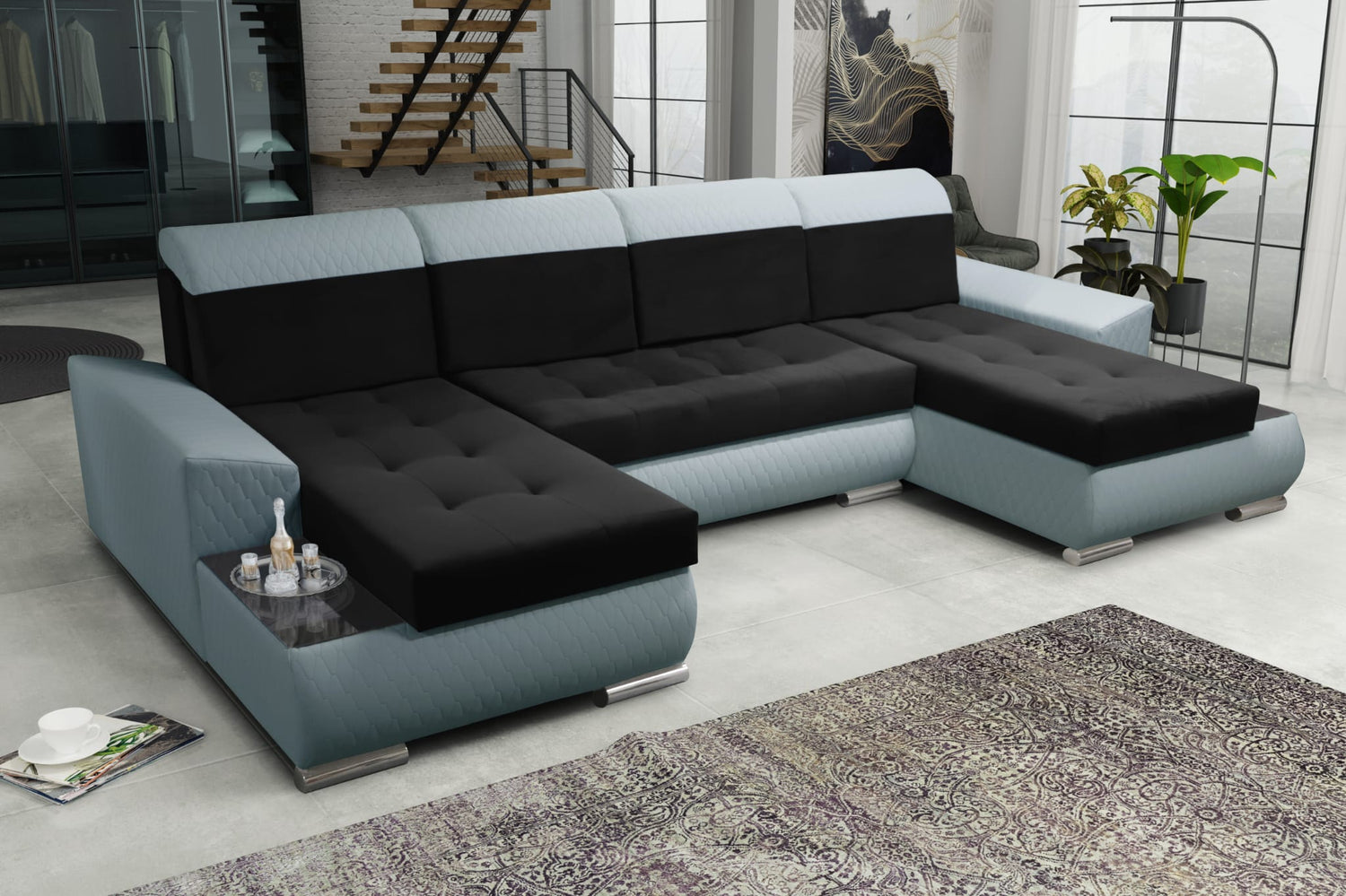 CORNER SOFA BED LONDON U SHAPE 2316/1132/60 322CM 3X STORAGE SPACE STAIN RESISTANT EASY CLEAN FABRIC / BONELL SPRINGS + FOAMFABRIC:CASABLANCA + FAUX LEATHERFEATURES:3X STORAGE CONTAINERS2XGLASS SHELFSTAIN RESISTANT FABRICBONELL SPRINGS + FOAMCASABLANCAIs